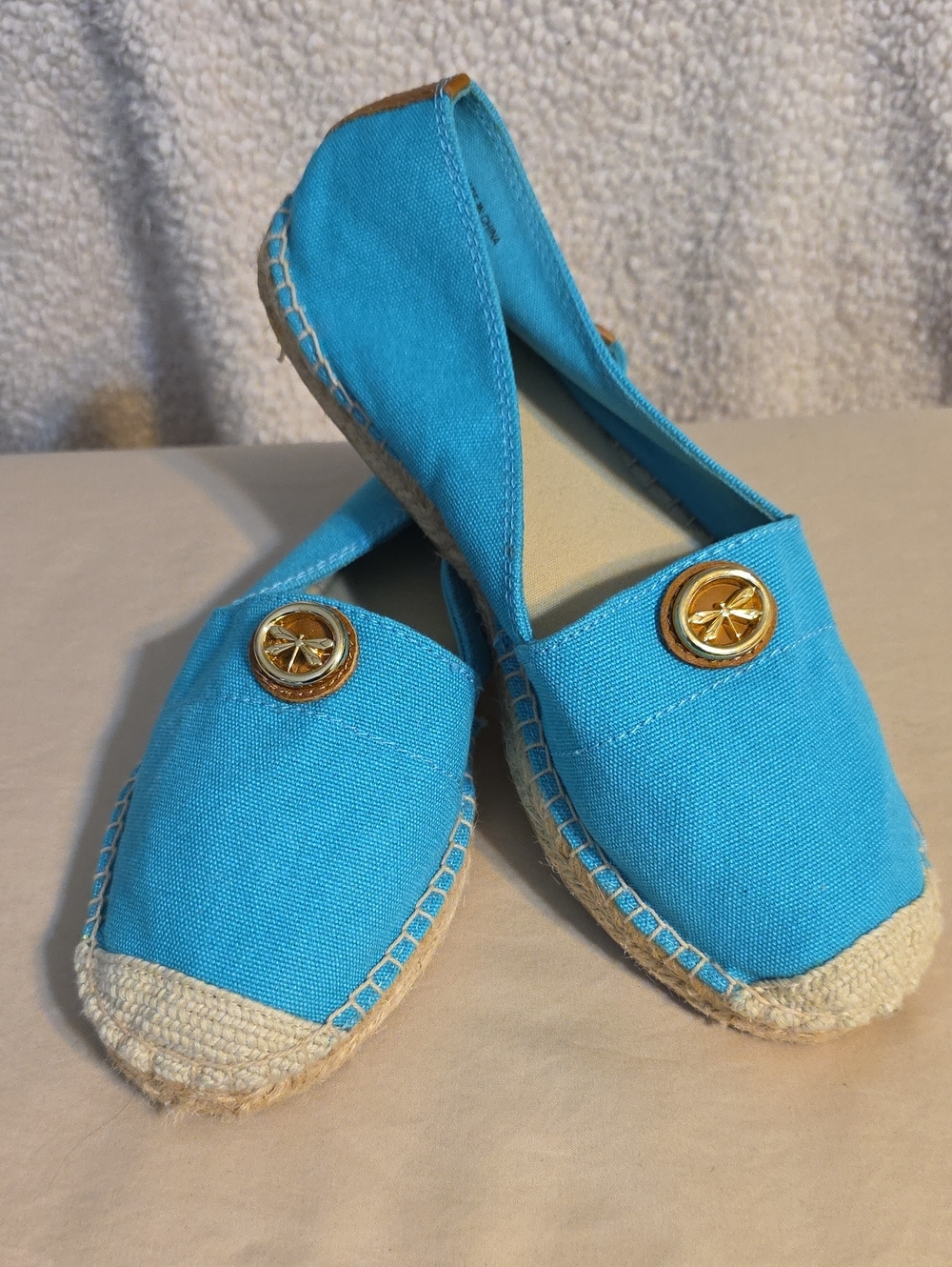Talbots Turquoise Canvas Espadrilles with Gold Dragonfly Medallion